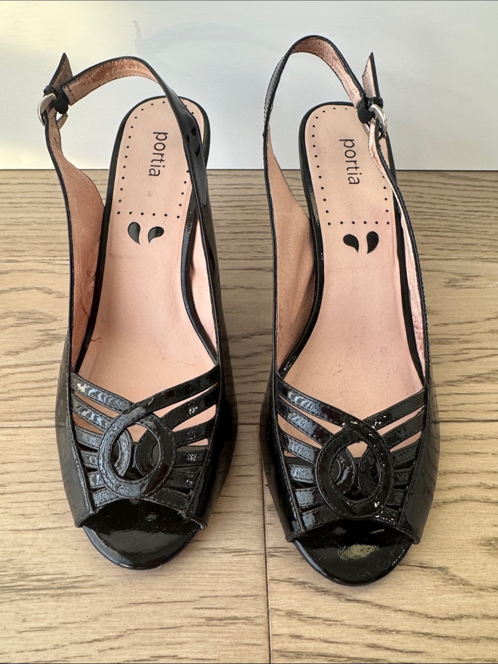 Portia Diana Black Patent Leather Slingback Peep-Toe Heels - 10